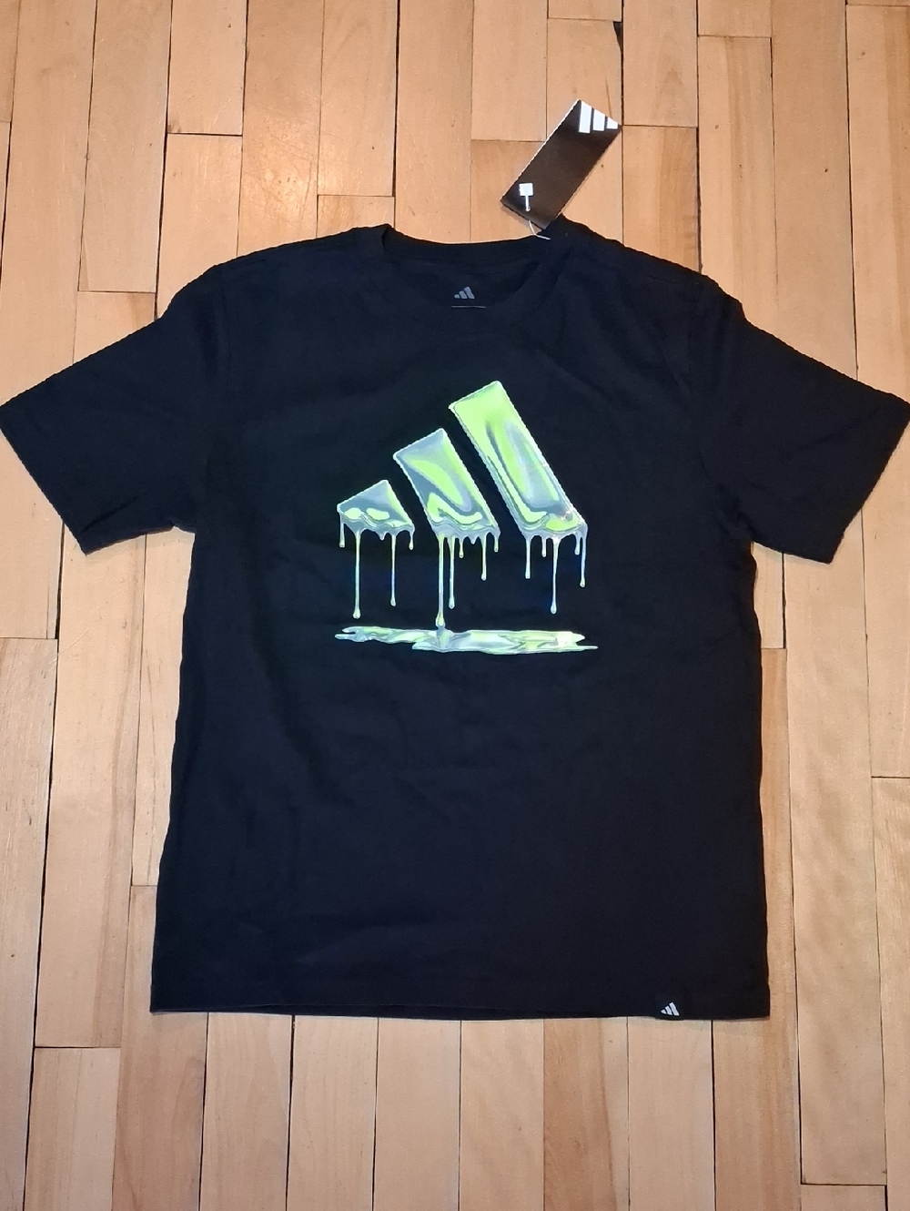 NWT💚 Adidas Black Short-Sleeve Tee with Neon Green Drip Logo, Boys 10/12 (M)
